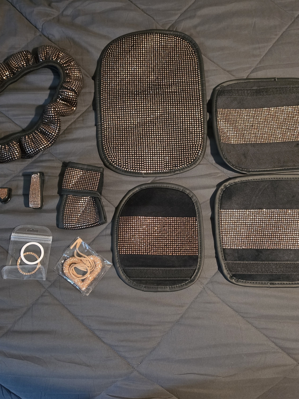 Black/Champagne  Rhinestone-Embellished Car Accessory Set